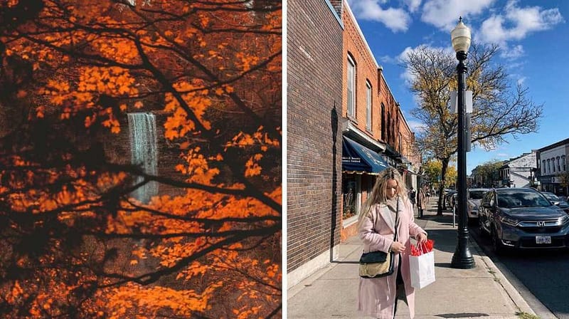 This postcard worthy ontario village has winding rivers and waterfalls draped in fall hues