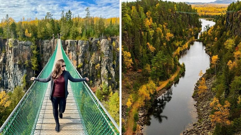 Ontario is home to canada's longest suspension footbridge and it hangs over a fall dreamland